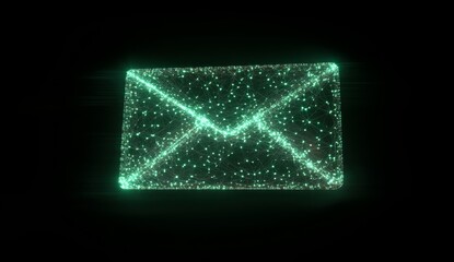 Glowing digital email icon on black background.
