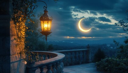 Crescent moon illuminates a glowing lantern on a stone balcony overlooking a cityscape at night