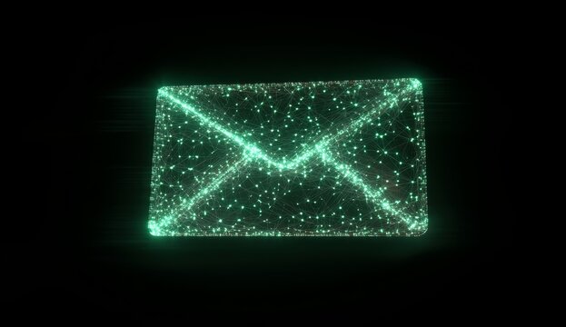 Glowing digital email icon on black background.