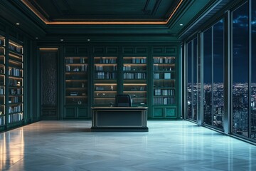 Plakat Luxurious dark green executive office with city view at night.
