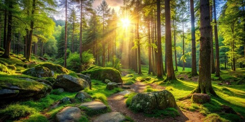 Obraz premium Tranquil forest clearing: lush greenery, peaceful rocks, serene nature photography.