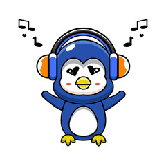 cute vector illustration of a penguin mascot wearing earphones