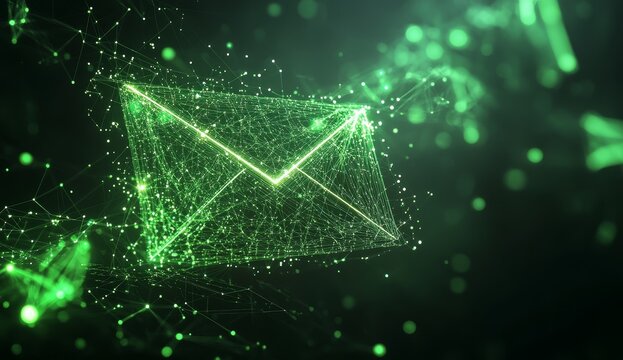 Abstract glowing green digital email envelope in particle network.