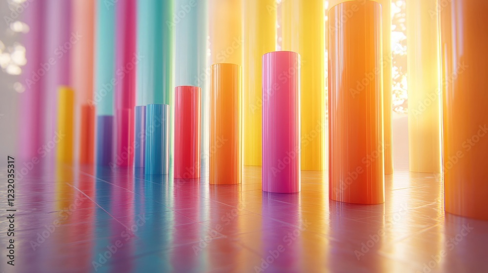 Aufkleber 3D bar chart, featuring colorful, rounded bars with a soft plastic-like texture. Each bar is evenly spaced and subtly glowing, floating above a polished floor reflecting gentle light.