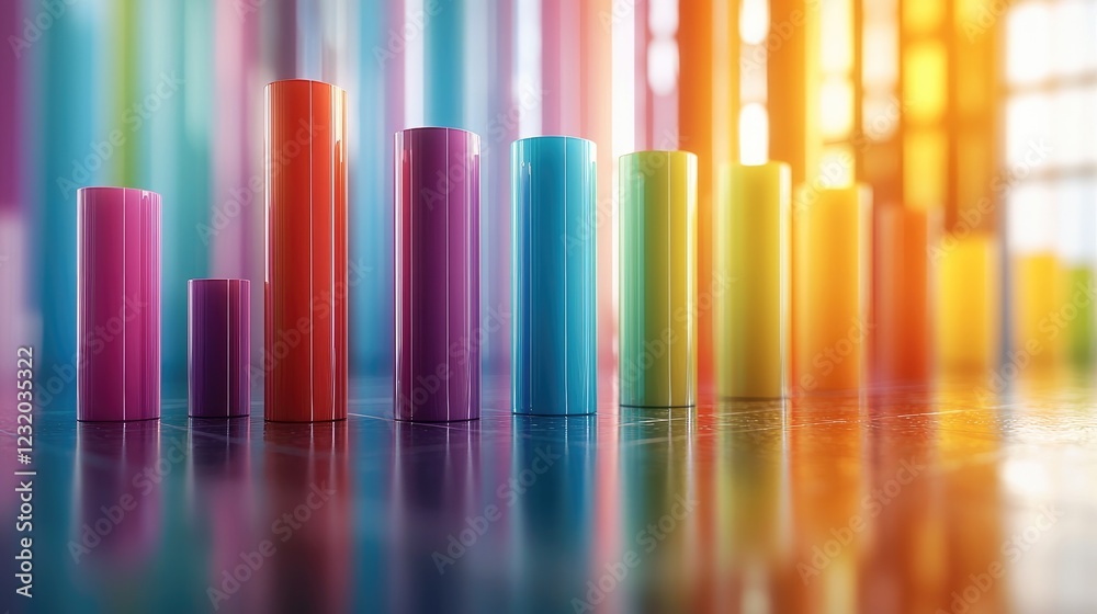 Aufkleber 3D bar chart, featuring colorful, rounded bars with a soft plastic-like texture. Each bar is evenly spaced and subtly glowing, floating above a polished floor reflecting gentle light.