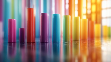 Obraz premium 3D bar chart, featuring colorful, rounded bars with a soft plastic-like texture. Each bar is evenly spaced and subtly glowing, floating above a polished floor reflecting gentle light.