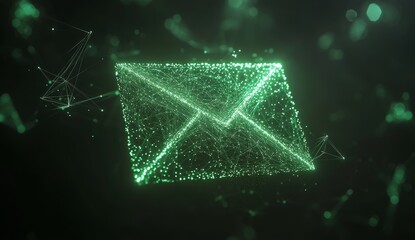 Glowing green digital envelope icon formed by particles on dark background.