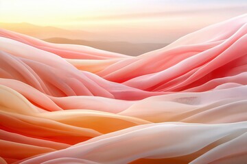 Fototapeta premium Soft waves of pastel fabric blend harmoniously under a warm sunrise in a dreamy landscape of flowing colors. Generative AI
