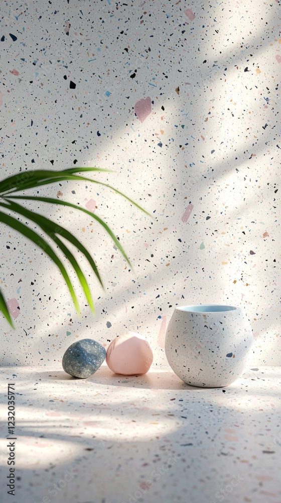Poster soft pastel hues in a minimalist terrazzo texture set a calming atmosphere. natural stones and a cla