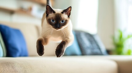 A playful Siamese cat leaping gracefully over a couch in a bright and cozy living room, showcasing its lively spirit and elegant movements