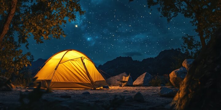 A bright tent glowing under a starry night sky, perfect for outdoor adventures.