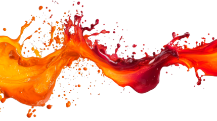 A burst of vibrant red and orange paint splashes creating abstract pattern isolated on a transparent background