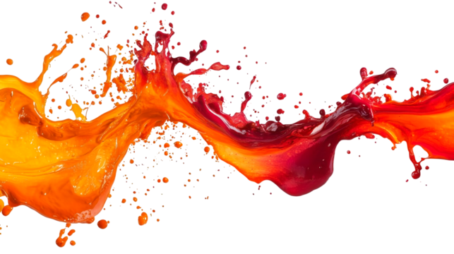 A burst of vibrant red and orange paint splashes creating abstract pattern isolated on a transparent background