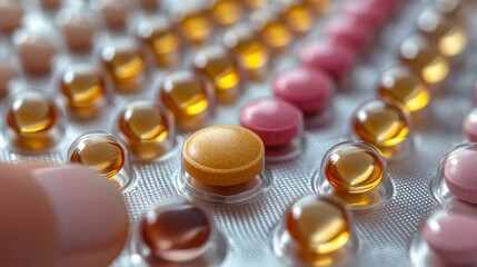 Close-up of pills in blister pack, showing variety of colors and shapes, possibly medication or supplements, health and wellness concept.