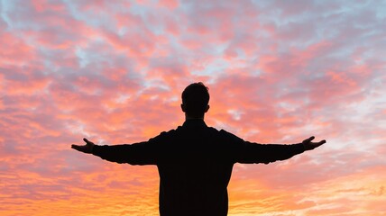Fototapeta premium Man Silhouetted Against Vibrant Sunset Sky Arms Outstretched Peaceful Scene