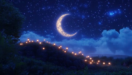 Naklejka premium Crescent Moon and Starlit Night Over a Hillside with Glowing Lights