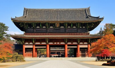 Obraz premium Traditional Japanese temple gate with autumn foliage and clear sky