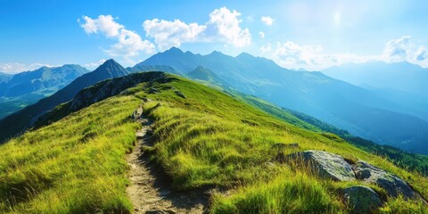 Fototapeta premium A lush green trail leading through stunning mountain scenery under a bright sky.