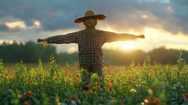 Scarecrow sunset field farm agriculture protection