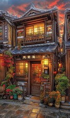Traditional wooden house at sunset, cozy street scene, ideal for travel or architecture publications