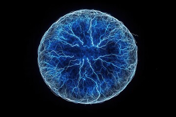 electric plasma sphere pulsing with blue energy, crackling tendrils of lightning, dark background with particle effects