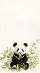 Obraz premium Playful Baby Panda Sitting Among Bamboo, Smiling and Enjoying Treats in a Calm Environment