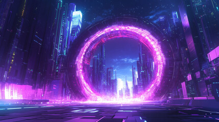 Obraz premium Futuristic open door with digital technology neon light pattern on wall. Realistic 3d vector illustration of portal to tech future with opportunities. Abstract metaverse teleport gate with glow effect