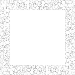Square floral frame of delicate flower outlines forming a blank square space in the middle. Graphic flowers on white background.
