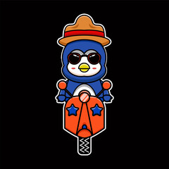 cute vector illustration of a penguin mascot riding a motorbike
