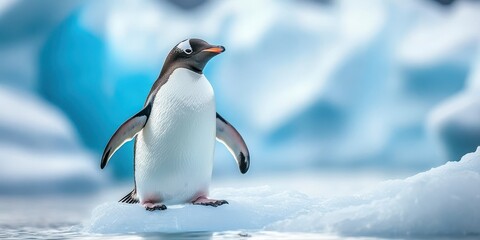 Naklejka premium A playful penguin standing on ice in a serene, icy environment.