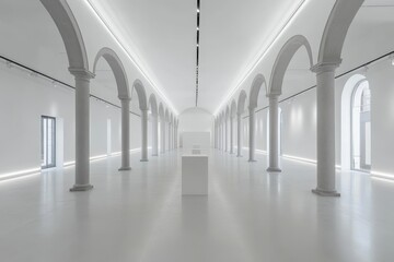 Minimalist white gallery interior with columns, arches, and recessed lighting.