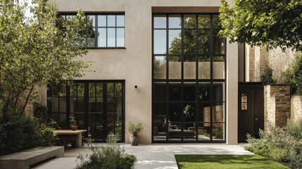 Fototapeta premium Modern house exterior with large windows and garden.