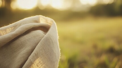 Close-up of beige fabric gently billowing in a sunlit field.