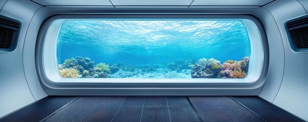 Naklejka premium Underwater exploration view from futuristic habitat ocean photography serene environment wide angle marine life