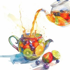 Vibrant Fruit Infused Tea Pouring into Glass Teapot Watercolor Painting