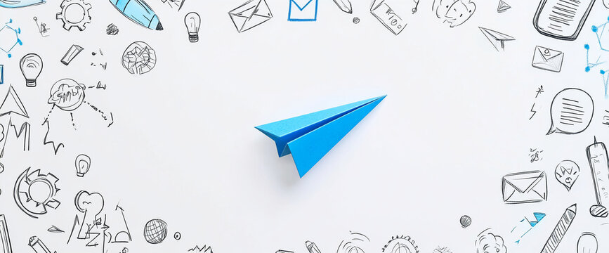 A blue paper airplane surrounded by hand-drawn digital and business icons on a white background, symbolizing innovation, creativity, and communication in the modern business world. - Powered by Adobe