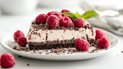 Delicious chocolate raspberry cheesecake slice on a white plate, garnished with fresh raspberries and chocolate shavings.