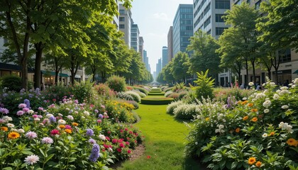 , fUrban Green Space A beautiful image of lush flowers and greenery in a city center, highlighting the importance of urban green spaces for community well-being and environmental health.uu-ar