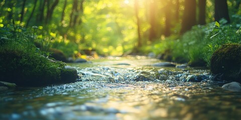 Fototapeta premium A serene river flows through a lush green forest, illuminated by soft sunlight.