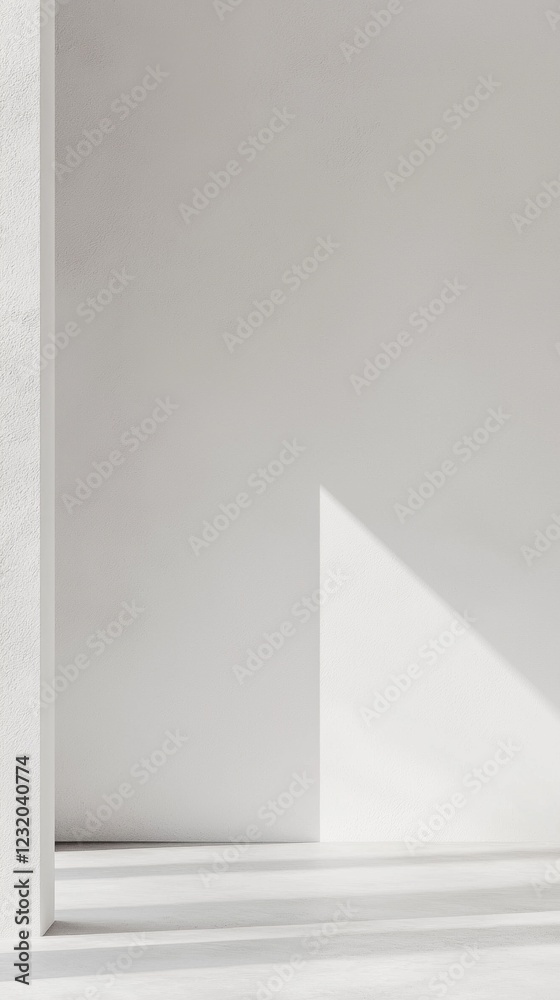 Poster a soft beam of light caresses a minimal white plaster wall, creating delicate shadows and an atmosph