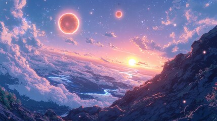 Distant exoplanet, rocky terrain, alien atmosphere, glowing rivers, twin suns