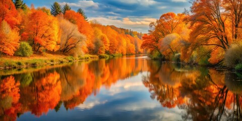 Vibrant orange hues reflected on a serene autumn river, orange, water,  orange, water, fall,autumn