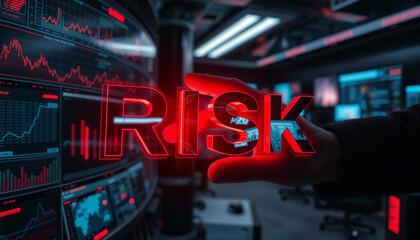 A hand reaches out to touch a vibrant "RISK" hologram amidst dynamic financial charts, illustrating the critical role of risk assessment in navigating modern finance and business.