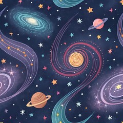 Colorful cosmic swirls and planets create a vibrant representation of outer space