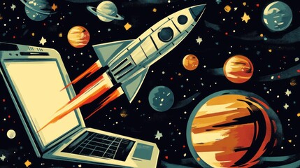 Rocket launching from laptop screen in space, surrounded by planets and stars.