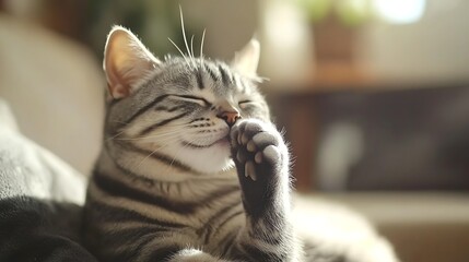 A relaxed striped gray cat cleaning its paw in soft, warm daylight. The environment is cozy and inviting, with blurred background elements that enhance the serene atmosphere