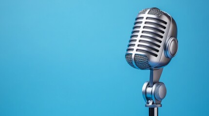 A classic microphone on a stand, set against a blue background, ideal for music and recording themes