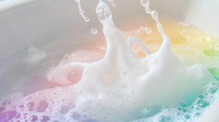 Obraz premium Bath foam realistic vector illustration on transparent background. White soap suds with rainbow air bubbles, shampoo bubbles or foaming detergent texture, frame or border for design