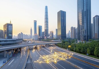 Fototapeta premium A vibrant city skyline at dusk showcases towering skyscrapers, illuminated streets, and a sense of urban energy.