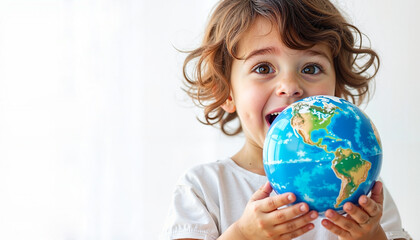 Fototapeta premium Smiling Girl Holding Globe for geography lessons, travel blogs, kids' environmental education, world studies projects, earth day, kindergarten, international relations